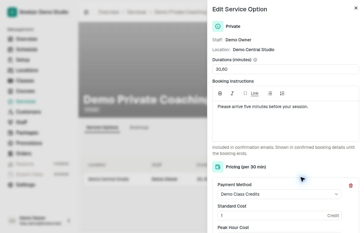 Edit Service Option with fixed staff and location