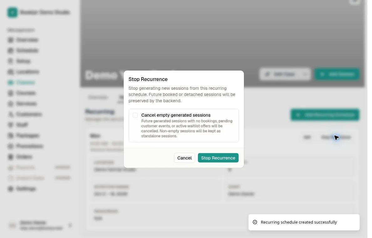 Stop Recurrence confirmation with Cancel empty generated sessions unchecked