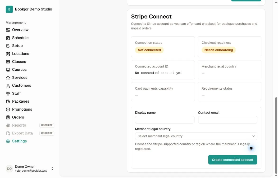Stripe Connect showing six status fields and Not connected and Needs onboarding badges