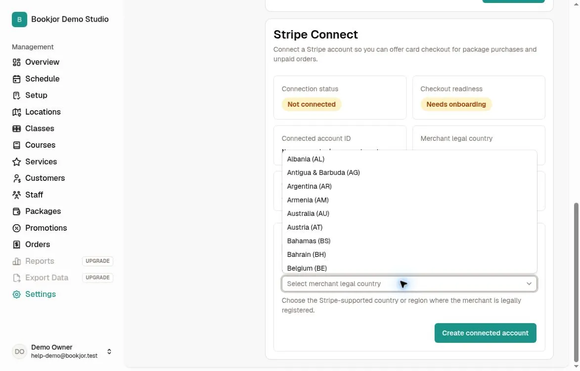 Disconnected Stripe form with Merchant legal country options open