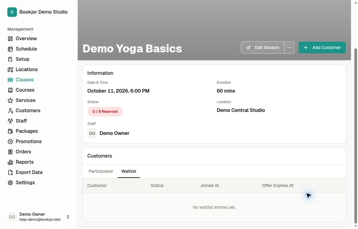 Demo Yoga Basics session with an empty Waitlist tab and the Customer, Status, Joined At, and Offer Expires At columns