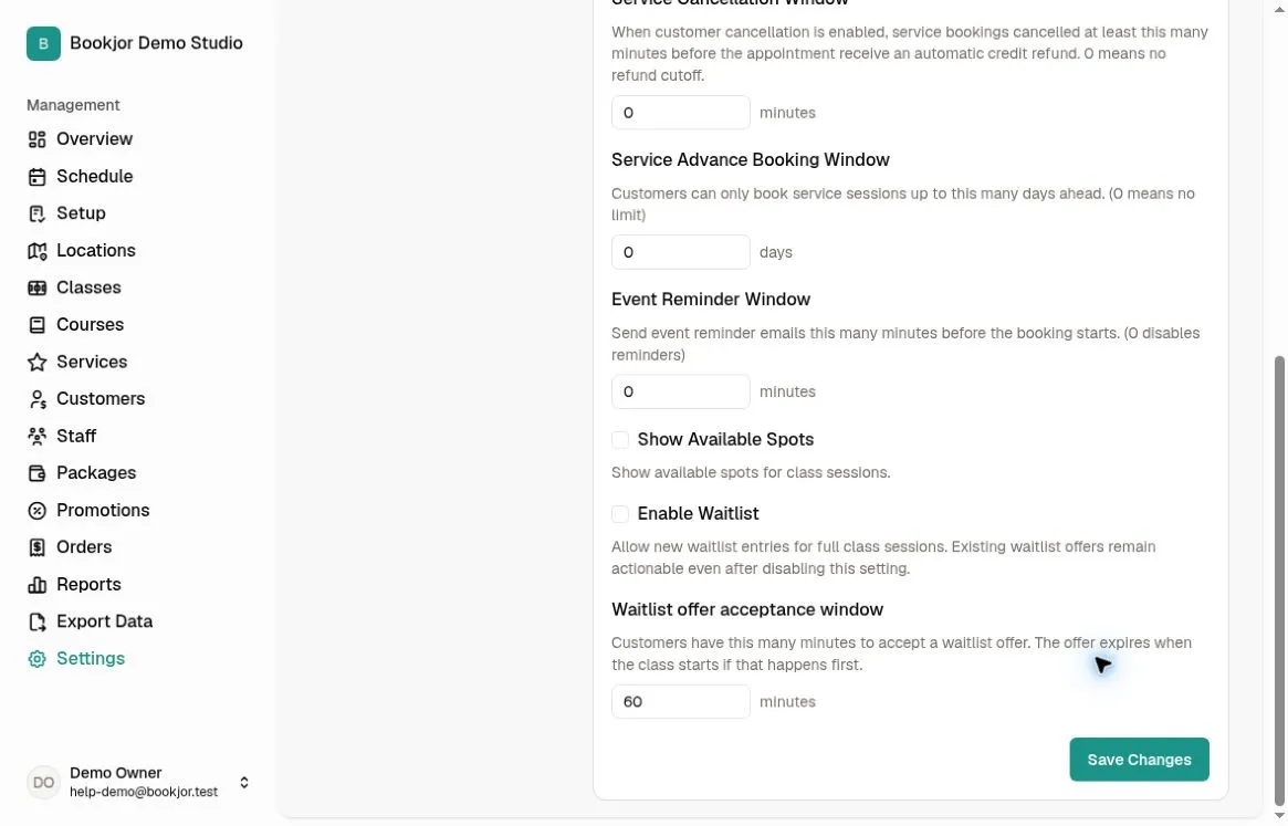 Booking Settings with Enable Waitlist unchecked and a 60-minute waitlist offer acceptance window