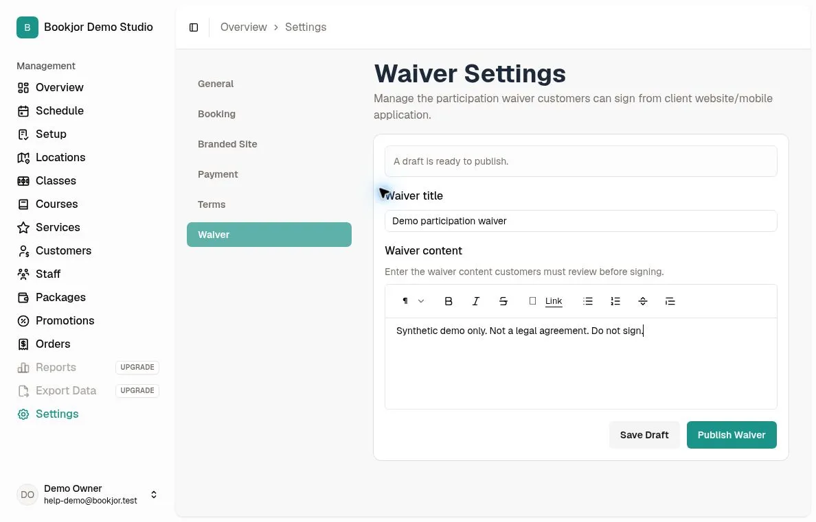 Waiver editor containing sample text marked as a nonbinding demonstration