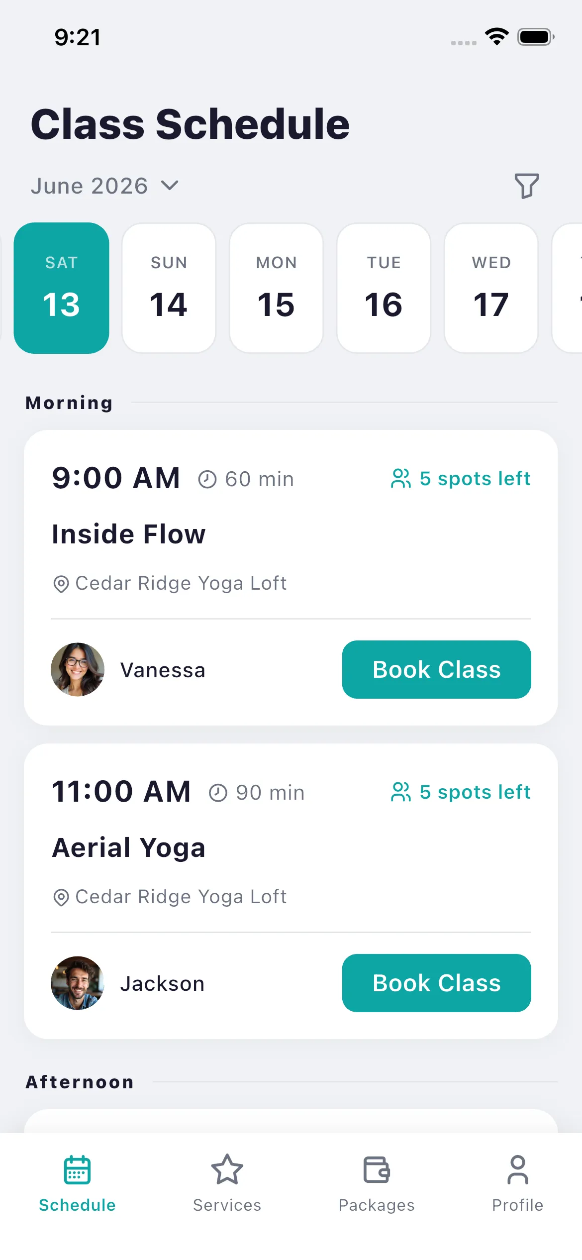 Bookjor Client App class schedule with available spots and class booking buttons
